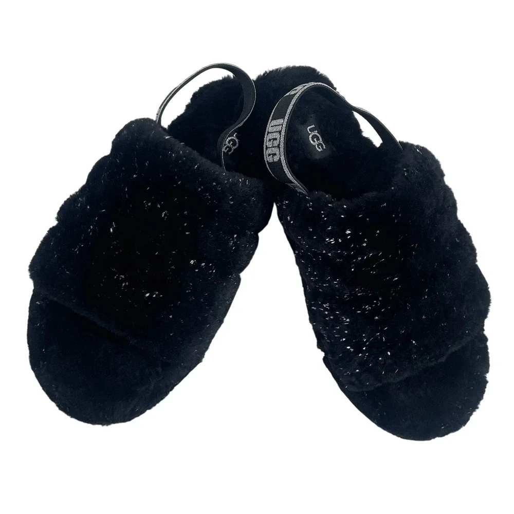 UGG Fluff Yeah Metallic Sparkle Black‎ Slippers Slides Big Kids Size 5 Womens 7